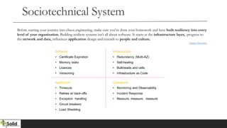 Sociotechnical System
Before starting your journey into chaos engineering, make sure you’ve done your homework and have built resiliency into every
level of your organization. Building resilient systems isn’t all about software. It starts at the infrastructure layer, progress to
the network and data, influences application design and extends to people and culture.
Adrian Hornsby
 