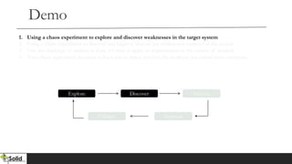 Demo
Explore Discover Analyze
Validate Improve
1. Using a chaos experiment to explore and discover weaknesses in the target system
2. Using a chaos experiment to discover and begin to analyze any weaknesses surfaced in the system
3. One the challenge of analysis is done, it’s time to apply an improvement to the system (if needed)
4. Your chaos experiment becomes a chaos test to detect whether the weakness has indeed been overcome.
 
