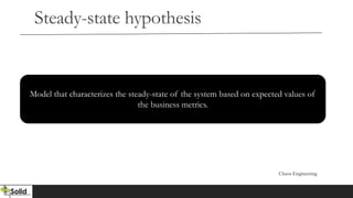 Steady-state hypothesis
Model that characterizes the steady-state of the system based on expected values of
the business metrics.
Chaos Engineering
 