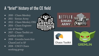 A *brief* history of the CE ﬁeld
● 2010 - Chaos Monkey
● 2011 - Simian Army
● 2012 - Chaos Monkey OSS
● 2014 - Chaos Engineer
role @ Netﬂix
● 2017 - Chaos Toolkit on
GitHub (OSS)
● 2018 - Gremlin hosts ﬁrst
ChaosConf in SF
● 2018 - CNCF Chaos
working group
 
