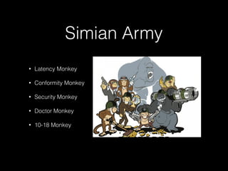 • Latency Monkey
• Conformity Monkey
• Security Monkey
• Doctor Monkey
• 10-18 Monkey
Simian Army
 