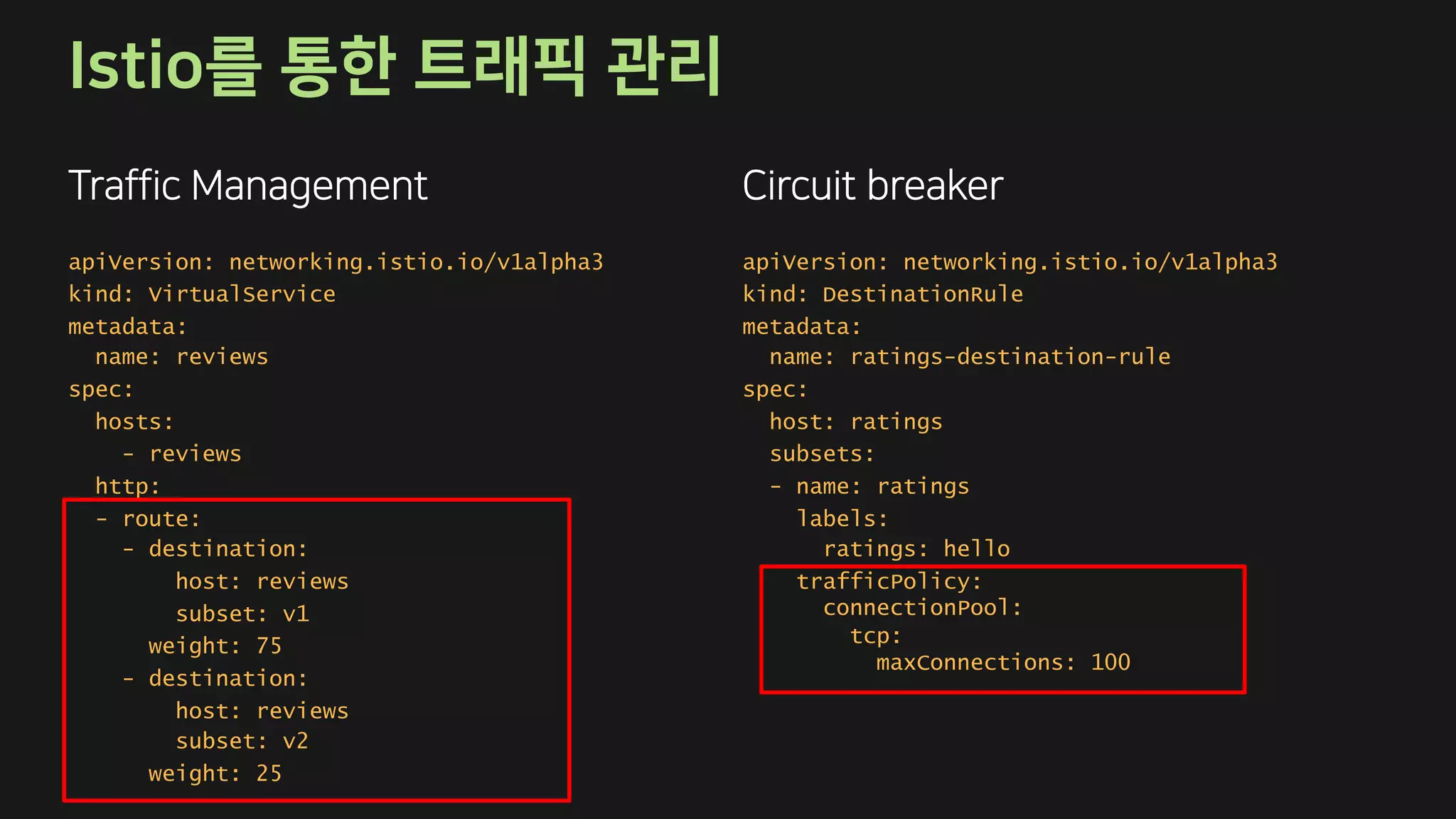 apiVersion: networking.istio.io/v1alpha3
kind: DestinationRule
metadata:
name: ratings-destination-rule
spec:
host: ratings
subsets:
- name: ratings
labels:
ratings: hello
trafficPolicy:
connectionPool:
tcp:
maxConnections: 100
apiVersion: networking.istio.io/v1alpha3
kind: VirtualService
metadata:
name: reviews
spec:
hosts:
- reviews
http:
- route:
- destination:
host: reviews
subset: v1
weight: 75
- destination:
host: reviews
subset: v2
weight: 25
 
