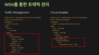 apiVersion: networking.istio.io/v1alpha3
kind: DestinationRule
metadata:
name: ratings-destination-rule
spec:
host: ratings
subsets:
- name: ratings
labels:
ratings: hello
trafficPolicy:
connectionPool:
tcp:
maxConnections: 100
apiVersion: networking.istio.io/v1alpha3
kind: VirtualService
metadata:
name: reviews
spec:
hosts:
- reviews
http:
- route:
- destination:
host: reviews
subset: v1
weight: 75
- destination:
host: reviews
subset: v2
weight: 25
 