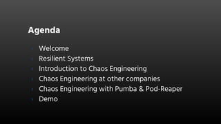 Agenda
› Welcome
› Resilient Systems
› Introduction to Chaos Engineering
› Chaos Engineering at other companies
› Chaos Engineering with Pumba & Pod-Reaper
› Demo
 