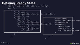 @alexsotob35
Defining Steady State"steady-state-hypothesis": {
"title": "Services are all available and healthy",
"probes": [
{
"type": "probe",
"name": "application-should-be-alive-and-healthy",
"tolerance": true,
"provider": {
"type": "python",
"module": "chaosk8s.probes",
"func": "microservice_available_and_healthy",
"arguments": {
"name": “greetings-app",
"ns": "default"
}
}
},
{
"type": "probe",
"name": "application-must-respo
"tolerance": 200,
"provider": {
"type": "http",
"verify_tls": false,
"url": “https://app.greetin
}
}
]
},
 