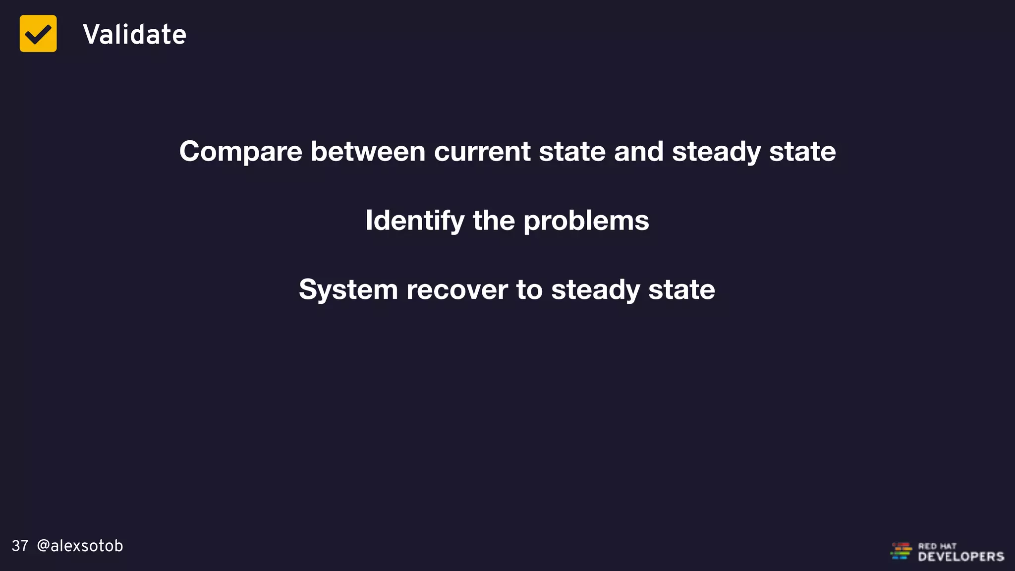 @alexsotob37
Validate
Compare between current state and steady state
System recover to steady state
Identify the problems
 