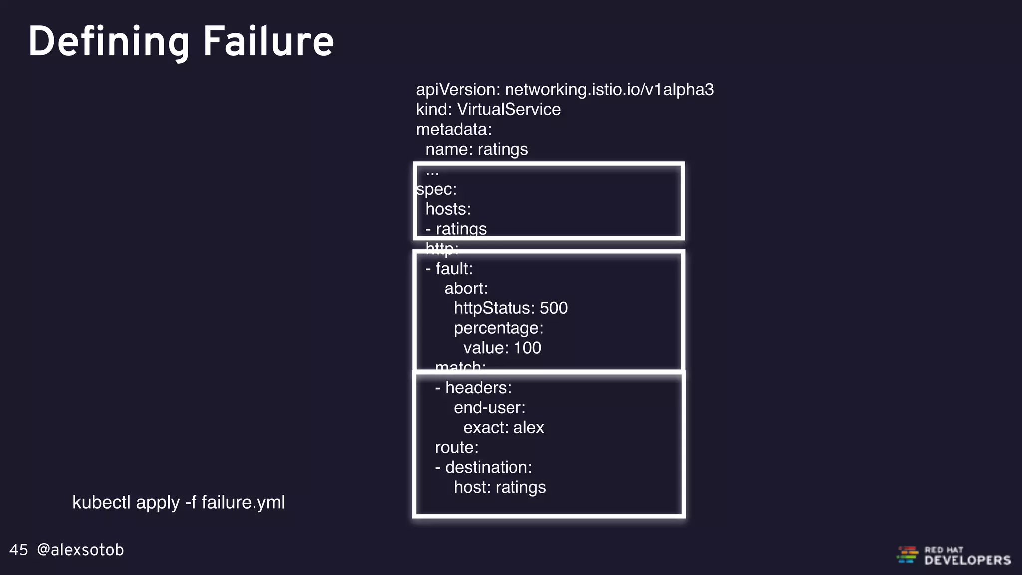 @alexsotob45
Defining Failure
apiVersion: networking.istio.io/v1alpha3
kind: VirtualService
metadata:
name: ratings
...
spec:
hosts:
- ratings
http:
- fault:
abort:
httpStatus: 500
percentage:
value: 100
match:
- headers:
end-user:
exact: alex
route:
- destination:
host: ratings
kubectl apply -f failure.yml
 