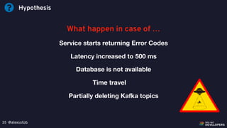@alexsotob35
Hypothesis
What happen in case of …
Service starts returning Error Codes
Latency increased to 500 ms
Database is not available
Time travel
Partially deleting Kafka topics
 