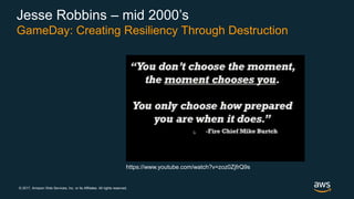 © 2017, Amazon Web Services, Inc. or its Affiliates. All rights reserved.
https://www.youtube.com/watch?v=zoz0ZjfrQ9s
Jesse Robbins – mid 2000’s
GameDay: Creating Resiliency Through Destruction
 
