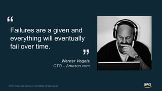 © 2017, Amazon Web Services, Inc. or its Affiliates. All rights reserved.© 2017, Amazon Web Services, Inc. or its Affiliates. All rights reserved.
Failures are a given and
everything will eventually
fail over time.
Werner Vogels
CTO – Amazon.com
“ “
 