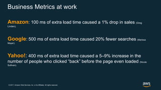 © 2017, Amazon Web Services, Inc. or its Affiliates. All rights reserved.
Business Metrics at work
Amazon: 100 ms of extra load time caused a 1% drop in sales (Greg
Linden).
Google: 500 ms of extra load time caused 20% fewer searches (Marissa
Mayer).
Yahoo!: 400 ms of extra load time caused a 5–9% increase in the
number of people who clicked “back” before the page even loaded (Nicole
Sullivan).
 