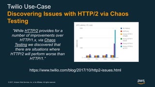 © 2017, Amazon Web Services, Inc. or its Affiliates. All rights reserved.
Twilio Use-Case
Discovering Issues with HTTP/2 via Chaos
Testing
https://www.twilio.com/blog/2017/10/http2-issues.html
”While HTTP/2 provides for a
number of improvements over
HTTP/1.x, via Chaos
Testing we discovered that
there are situations where
HTTP/2 will perform worse than
HTTP/1.”
 