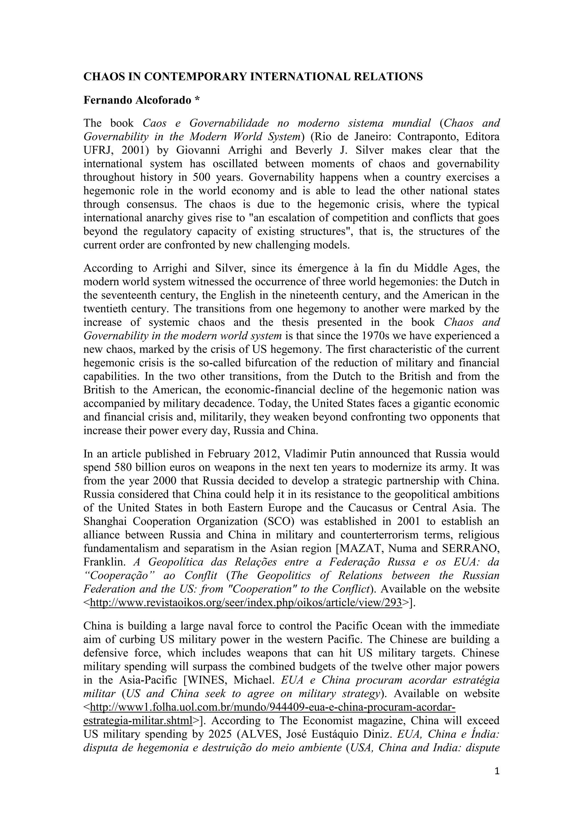 Chaos in contemporary international relations | PDF