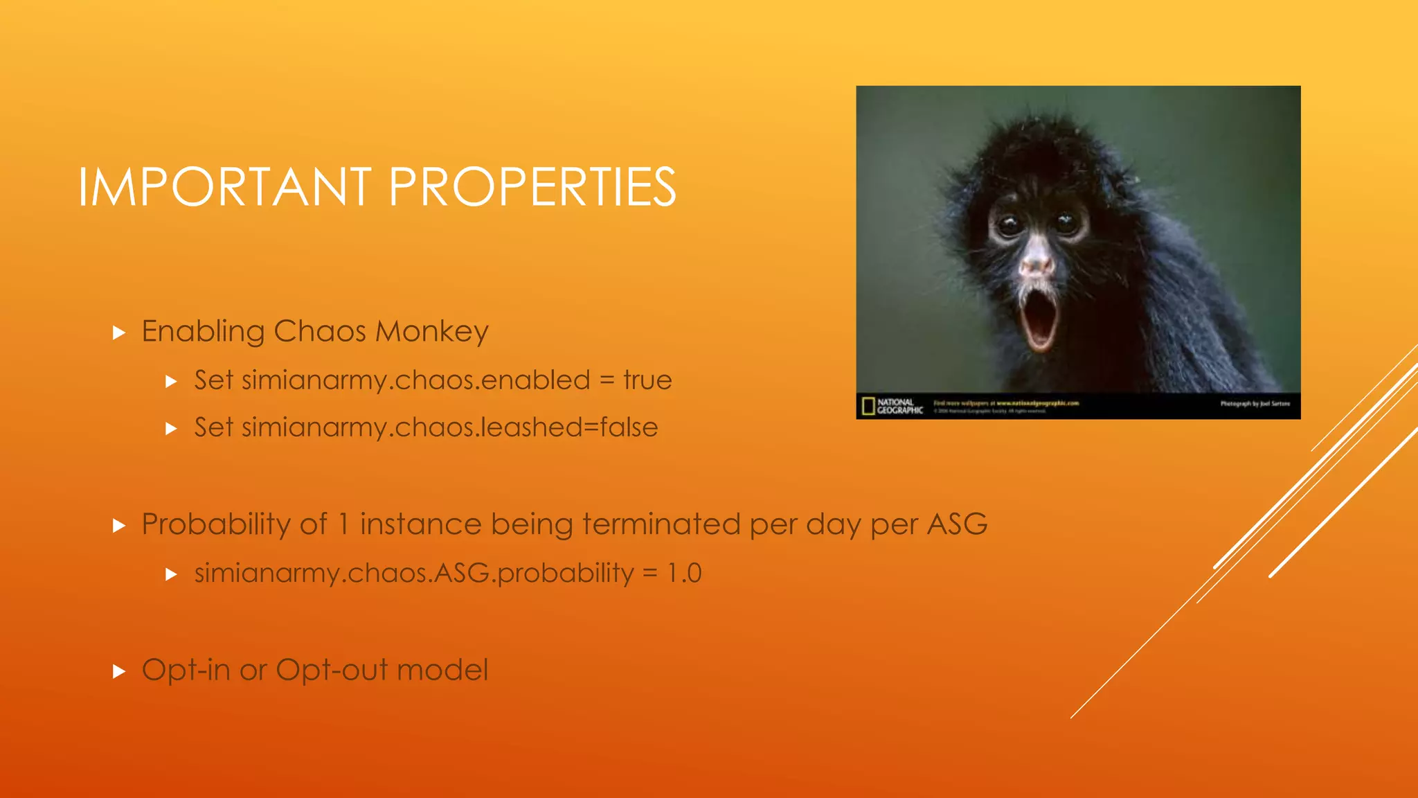 BUILDING & CONFIGURATION
 Clone SimianArmy repo from Github
 Builds using Gradle
 Runs 6 times a day during business hours- 9am to 3pm
 Does not run on holidays or weekends
 Timeframes and frequency of runs can be configured
 