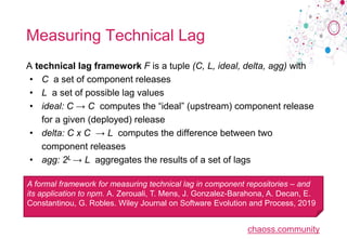 chaoss.community
Measuring Technical Lag
A technical lag framework F is a tuple (C, L, ideal, delta, agg) with
• C a set of component releases
• L a set of possible lag values
• ideal: C → C computes the “ideal” (upstream) component release
for a given (deployed) release
• delta: C x C → L computes the difference between two
component releases
• agg: 2L → L aggregates the results of a set of lags
A formal framework for measuring technical lag in component repositories – and
its application to npm. A. Zerouali, T. Mens, J. Gonzalez-Barahona, A. Decan, E.
Constantinou, G. Robles. Wiley Journal on Software Evolution and Process, 2019
 