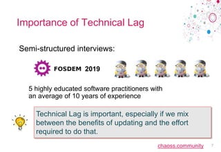 chaoss.community
Importance of Technical Lag
Semi-structured interviews:
2019
5 highly educated software practitioners wit...