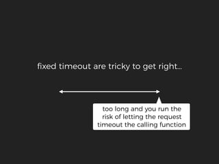ﬁxed timeout are tricky to get right…
too long and you run the
risk of letting the request
timeout the calling function
 