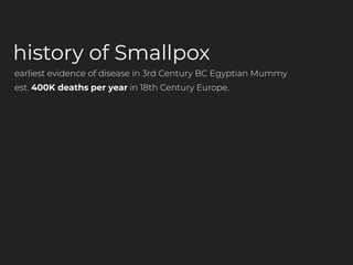 history of Smallpox
est. 400K deaths per year in 18th Century Europe.
earliest evidence of disease in 3rd Century BC Egypt...