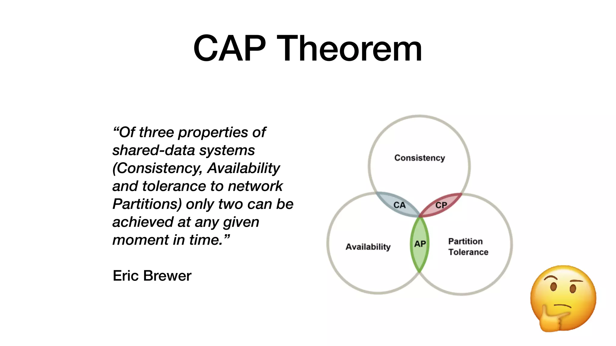 CAP Theorem
“Of three properties of
shared-data systems
(Consistency, Availability
and tolerance to network
Partitions) only two can be
achieved at any given
moment in time.”
Eric Brewer
 