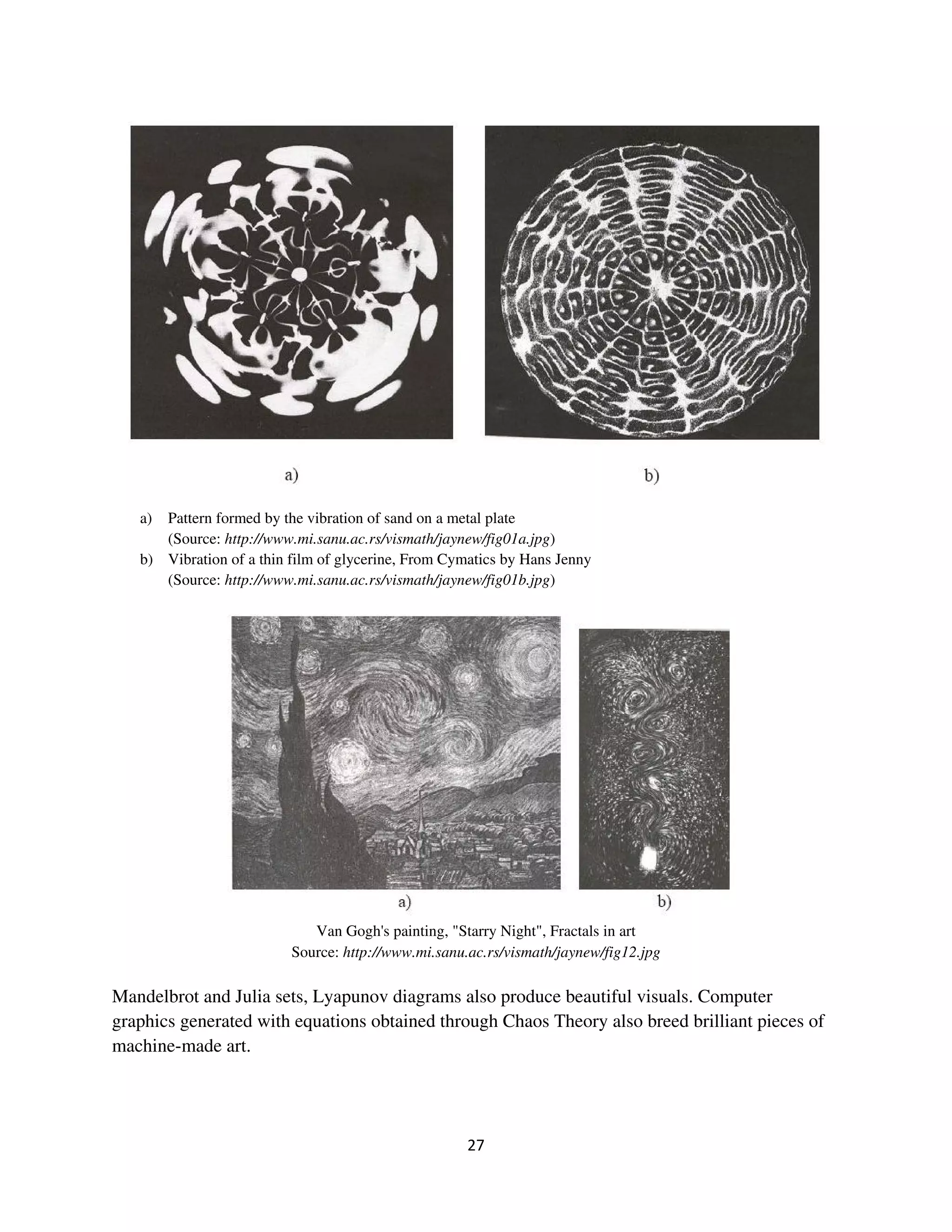 a) Pattern formed by the vibration of sand on a metal plate
      (Source: http://www.mi.sanu.ac.rs/vismath/jaynew/fig01a.jpg)
   b) Vibration of a thin film of glycerine, From Cymatics by Hans Jenny
      (Source: http://www.mi.sanu.ac.rs/vismath/jaynew/fig01b.jpg)




                             Van Gogh's painting, "Starry Night", Fractals in art
                          Source: http://www.mi.sanu.ac.rs/vismath/jaynew/fig12.jpg

Mandelbrot and Julia sets, Lyapunov diagrams also produce beautiful visuals. Computer
graphics generated with equations obtained through Chaos Theory also breed brilliant pieces of
machine-made art.
 