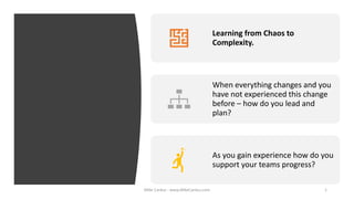 Learning from Chaos to
Complexity.
When everything changes and you
have not experienced this change
before – how do you lead and
plan?
As you gain experience how do you
support your teams progress?
Mike Cardus - www.MikeCardus.com 1
 