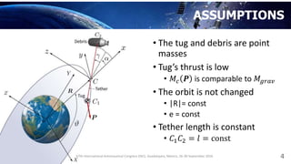 ASSUMPTIONS
• The tug and debris are point
masses
• Tug’s thrust is low
• 𝑀𝑐 𝑷 is comparable to 𝑀𝑔𝑟𝑎𝑣
• The orbit is not c...