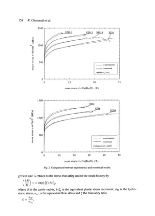 158 R. Chaouadi et al.
1500
t ~: ~TS0.
1000 ~ jl
¢~1 / t t "
g
500
0
0 25
I
NTS0.2 NTS 1.2 NTS2.4 NTS6
..... experimental
numerical
18/rIND5 ; 20°C
1 i ~ i i I
50
mean strain E=21n(Do/D) (%)
75
g~
1500
1000
500
NTS2
_~ - - - ~ ' ~ NTS4
...... experimental
numerical
22NiMoCr37 ; 100°C
i n i i i i i i , ~ i i i i i i i ~ i I . . . . . . . i i [ i i i i i . . . . I , , i i i i i , t
10 20 30 40 50
mean strain E=2ln(DolD) (%)
Fig. 2. Comparisonbetweenexperimentalandnumericalresults.
growth rate is related to the stress triaxiality and to the strain history by
where R is the cavity radius, t~e~qis the equivalent plastic strain increment, CrH is the hydro-
static stress, aeq is the equivalent flow stress and ~ the triaxiality ratio
t7H
O-eq
 