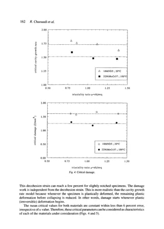162 R. Chaouadi et al.
2.00
1.75
0
em
1.50
>
"2.
"; 1.25
a
- A ~5~
A
1.00 ' ' : . . . . ~ ' ' '
0.50 0.75 1.00
A 18MND5 ; 20°C
• 22NiMoCr37 ; 100°(
1.25 1.50
triaxiality ratio p=ah/oeq
2.00
1.50
E
1.00
o 0.50
0.00
0.50
<>
................ e- O ~- ......
. . . . . . . . . . . . . . . . . . . . . . . . . . . . . . . . . . . . . . . . . . . . . . . . J . . . . . .
© 18MND5 ; 20°C
• 22NiMoCr37 ; 100°C
0.75 1.00 1.25 1.50
triaxiality ratio ~t=oh/creq
Fig. 4. Critical damage.
This decohesion strain can reach a few percent for slightly notched specimens. The damage
work is independent from the decohesion strain. This is more realistic than the cavity growth
rate model because whenever the specimen is plastically deformed, the remaining plastic
deformation before collapsing is reduced. In other words, damage starts whenever plastic
(irreversible) deformation begins.
The mean critical values for both materials are constant within less than 6 percent error,
irrespective of a value. Therefore, these critical parameters can be considered as characteristics
of each of the materials under consideration (Figs. 4 and 5).
 