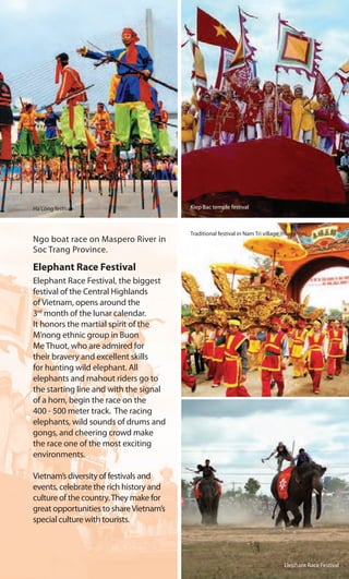 Ngo boat race on Maspero River in
Soc Trang Province.
Elephant Race Festival
Elephant Race Festival, the biggest
festival of the Central Highlands
of Vietnam, opens around the
3rd
month of the lunar calendar.
It honors the martial spirit of the
M’nong ethnic group in Buon
Me Thuot, who are admired for
their bravery and excellent skills
for hunting wild elephant. All
elephants and mahout riders go to
the starting line and with the signal
of a horn, begin the race on the
400 - 500 meter track. The racing
elephants, wild sounds of drums and
gongs, and cheering crowd make
the race one of the most exciting
environments.
Vietnam’s diversity of festivals and
events, celebrate the rich history and
culture of the country.They make for
great opportunities to shareVietnam’s
special culture with tourists.
Ha Long festival Kiep Bac temple festival
Traditional festival in Nam Tri village (Hung Yen)
Elephant Race Festival
 