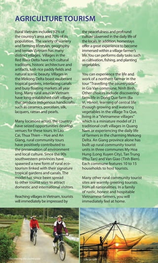 AGRICULTURE TOURISM
Rural Vietnam includes 92% of
the country’s area and 70% of its
population. The variety of scenery
and farming lifestyles, geography
and terrain Vietnam has many
distinct villages. Villages in the
Red River Delta have rich cultural
traditions, historic architecture and
artifacts, lush rice paddy fields and
natural scenic beauty. Villages in
the Mekong Delta boast exuberant
tropical gardens, interlacing canals
and busy floating markets all year
long. Many rural areas in Vietnam
have long-established craft villages
that produce indigenous handicrafts
such as ceramics, porcelain, silk,
lacquers, rattan and pearls.
Many locations across the country
have seized opportunities develop
venues for these tours. In Lao
Cai, Thua Thien – Hue and An
Giang, rural community tours
have positively contributed to
the preservation of environment
and local culture. Since the 90s
southwestern provinces have
spawned a new form of rural eco-
tourism linked with their signature
tropical gardens and canals. The
model has since been spread
to other tourist sites to attract
domestic and international visitors.
Reaching villages inVietnam, tourists
will immediately be impressed by
the peacefulness and profound
culture observed in the daily life of
the locals. In addition, homestays
offer a great experience to become
immersed within a village farmer’s
life.You can performs daily tasks such
as cultivation, fishing, and planting
vegetables.
You can experience the life and
work of a northern farmer in the
tour“Travelling the countryside”
in Gia Van commune, Ninh Binh.
Other choices include discovering
farm life in Dong Que farm (Ba
Vi, Hanoi), learning of central life
through growing and watering
vegetables in the village Tra Que,
living in a“Vietnamese villages”
which is a miniature model of 21
traditional craft villages in Quang
Nam or experiencing the daily life
of farmers in the charming Mekong
Delta. An Giang province alone has
built up rural community tourist
units in three communes My Hoa
Hung (Long Xuyen City), Tan Trung
(Phu Tan) and Van Giao (Tinh Bien).
Each commune features 10 to 15
households to host tourists.
Many other rural community tourist
sites are warmly greeting tourists
from all nationalities. In a family
of rustic, honest and hospitable
Vietnamese farmers, you will
immediately feel at home.
Discovering the countryside Life on river
 