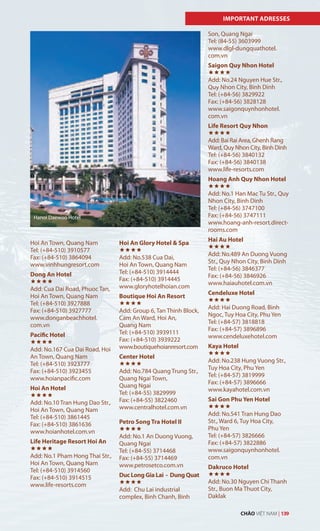 IMPORTANT ADRESSES
Hoi An Town, Quang Nam
Tel: (+84-510) 3910577
Fax: (+84-510) 3864094
www.vinhhungresort.com
Dong An Hotel

Add: Cua Dai Road, Phuoc Tan,
Hoi An Town, Quang Nam
Tel: (+84-510) 3927888
Fax: (+84-510) 3927777
www.donganbeachhotel.
com.vn
Pacific Hotel

Add: No.167 Cua Dai Road, Hoi
An Town, Quang Nam
Tel: (+84-510) 3923777
Fax: (+84-510) 3923455
www.hoianpacific.com
Hoi An Hotel

Add: No.10 Tran Hung Dao Str.,
Hoi An Town, Quang Nam
Tel: (+84-510) 3861445
Fax: (+84-510) 3861636
www.hoianhotel.com.vn
Life Heritage Resort Hoi An

Add: No.1 Pham Hong Thai Str.,
Hoi An Town, Quang Nam
Tel: (+84-510) 3914560
Fax: (+84-510) 3914515
www.life-resorts.com
Hoi An Glory Hotel & Spa

Add: No.538 Cua Dai,
Hoi An Town, Quang Nam
Tel: (+84-510) 3914444
Fax: (+84-510) 3914445
www.gloryhotelhoian.com
Boutique Hoi An Resort

Add: Group 6, Tan Thinh Block,
Cam An Ward, Hoi An,
Quang Nam
Tel: (+84-510) 3939111
Fax: (+84-510) 3939222
www.boutiquehoianresort.com
Center Hotel

Add: No.784 Quang Trung Str.,
Quang Ngai Town,
Quang Ngai
Tel: (+84-55) 3829999
Fax: (+84-55) 3822460
www.centralhotel.com.vn
Petro Song Tra Hotel II

Add: No.1 An Duong Vuong,
Quang Ngai
Tel: (+84-55) 3714468
Fax: (+84-55) 3714469
www.petrosetco.com.vn
Duc Long Gia Lai - Dung Quat

Add: Chu Lai industrial
complex, Binh Chanh, Binh
Son, Quang Ngai
Tel: (84-55) 3603999
www.dlgl-dungquathotel.
com.vn
Saigon Quy Nhon Hotel

Add: No.24 Nguyen Hue Str.,
Quy Nhon City, Binh Dinh
Tel: (+84-56) 3829922
Fax: (+84-56) 3828128
www.saigonquynhonhotel.
com.vn
Life Resort Quy Nhon

Add: Bai Rai Area, Ghenh Rang
Ward, Quy Nhon City, Binh Dinh
Tel: (+84-56) 3840132
Fax: (+84-56) 3840138
www.life-resorts.com
Hoang Anh Quy Nhon Hotel

Add: No.1 Han Mac Tu Str., Quy
Nhon City, Binh Dinh
Tel: (+84-56) 3747100
Fax: (+84-56) 3747111
www.hoang-anh-resort.direct-
rooms.com
Hai Au Hotel

Add: No.489 An Duong Vuong
Str., Quy Nhon City, Binh Dinh
Tel: (+84-56) 3846377
Fax: (+84-56) 3846926
www.haiauhotel.com.vn
Cendeluxe Hotel

Add: Hai Duong Road, Binh
Ngoc, Tuy Hoa City, Phu Yen
Tel: (+84-57) 3818818
Fax: (+84-57) 3896896
www.cendeluxehotel.com
Kaya Hotel

Add: No.238 Hung Vuong Str.,
Tuy Hoa City, Phu Yen
Tel: (+84-57) 3819999
Fax: (+84-57) 3896666
www.kayahotel.com.vn
Sai Gon Phu Yen Hotel

Add: No.541 Tran Hung Dao
Str., Ward 6, Tuy Hoa City,
Phu Yen
Tel: (+84-57) 3826666
Fax: (+84-57) 3822886
www.saigonquynhonhotel.
com.vn
Dakruco Hotel

Add: No.30 Nguyen Chi Thanh
Str., Buon Ma Thuot City,
Daklak
Hanoi Daewoo Hotel
CHÀO VIỆT NAM | 139
 