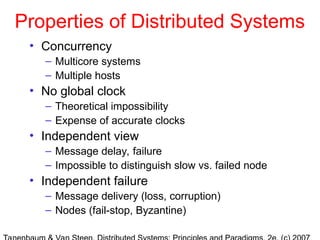 Properties of Distributed Systems
• Concurrency
– Multicore systems
– Multiple hosts
• No global clock
– Theoretical impossibility
– Expense of accurate clocks
• Independent view
– Message delay, failure
– Impossible to distinguish slow vs. failed node
• Independent failure
– Message delivery (loss, corruption)
– Nodes (fail-stop, Byzantine)
 