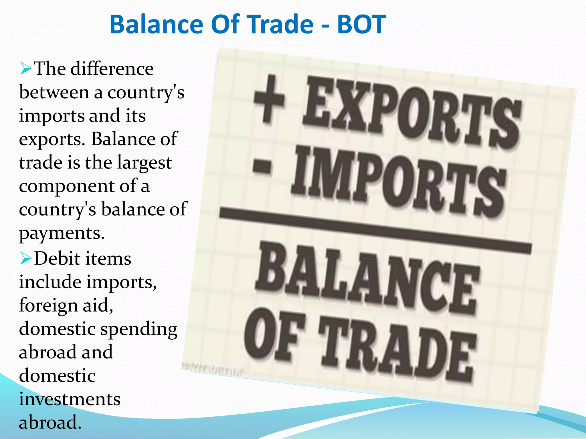 Balance Of Trade - BOT
The difference
between a country's
imports and its
exports. Balance of
trade is the largest
component of a
country's balance of
payments.
Debit items
include imports,
foreign aid,
domestic spending
abroad and
domestic
investments
abroad.
 