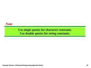 Computer Science: A Structured Programming Approach Using C 39
Use single quotes for character constants.
Use double quotes for string constants.
Note
 