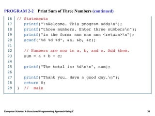 Computer Science: A Structured Programming Approach Using C 30
PROGRAM 2-2 Print Sum of Three Numbers (continued)
 