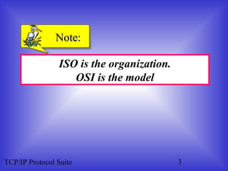Note:

                ISO is the organization.
                   OSI is the model




TCP/IP Protocol Suite                      3
 
