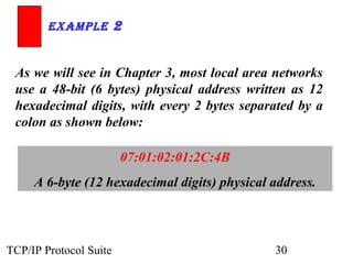 ExamplE 2


 As we will see in Chapter 3, most local area networks
 use a 48-bit (6 bytes) physical address written as 12
 hexadecimal digits, with every 2 bytes separated by a
 colon as shown below:

                        07:01:02:01:2C:4B
     A 6-byte (12 hexadecimal digits) physical address.



TCP/IP Protocol Suite                          30
 