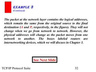 ExamplE 3
        (Continued)


 The packet at the network layer contains the logical addresses,
 which remain the same from the original source to the final
 destination (A and P, respectively, in the figure). They will not
 change when we go from network to network. However, the
 physical addresses will change as the packet moves from one
 network to another. The boxes labeled routers are
 internetworking devices, which we will discuss in Chapter 3.




                        See Next Slide

TCP/IP Protocol Suite                                  32
 