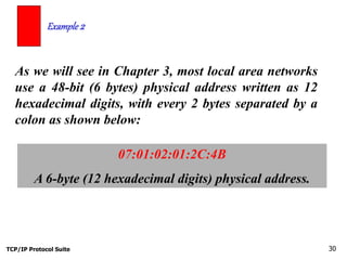 TCP/IP Protocol Suite 30
As we will see in Chapter 3, most local area networks
use a 48-bit (6 bytes) physical address written as 12
hexadecimal digits, with every 2 bytes separated by a
colon as shown below:
Example 2
07:01:02:01:2C:4B
A 6-byte (12 hexadecimal digits) physical address.
 