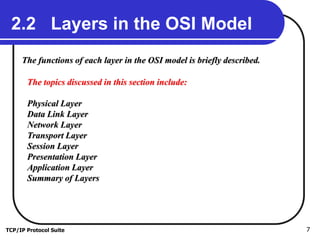 TCP/IP Protocol Suite 7
2.2 Layers in the OSI Model
The functions of each layer in the OSI model is briefly described.
The topics discussed in this section include:
Physical Layer
Data Link Layer
Network Layer
Transport Layer
Session Layer
Presentation Layer
Application Layer
Summary of Layers
 