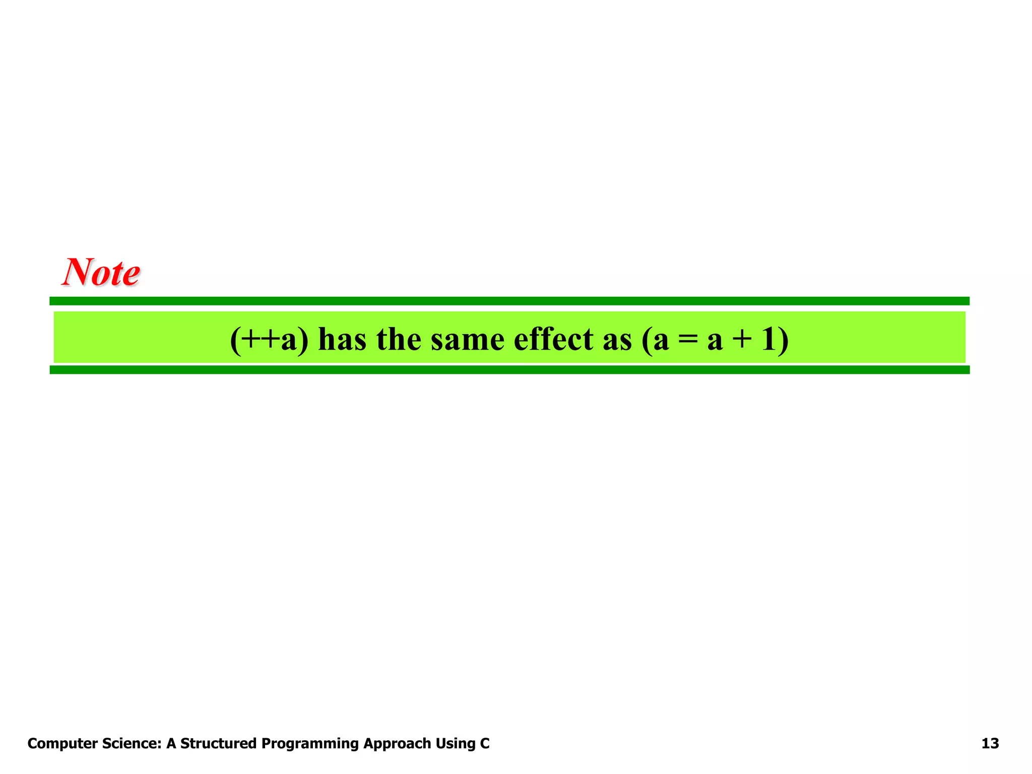 Computer Science: A Structured Programming Approach Using C 13
(++a) has the same effect as (a = a + 1)
Note
 