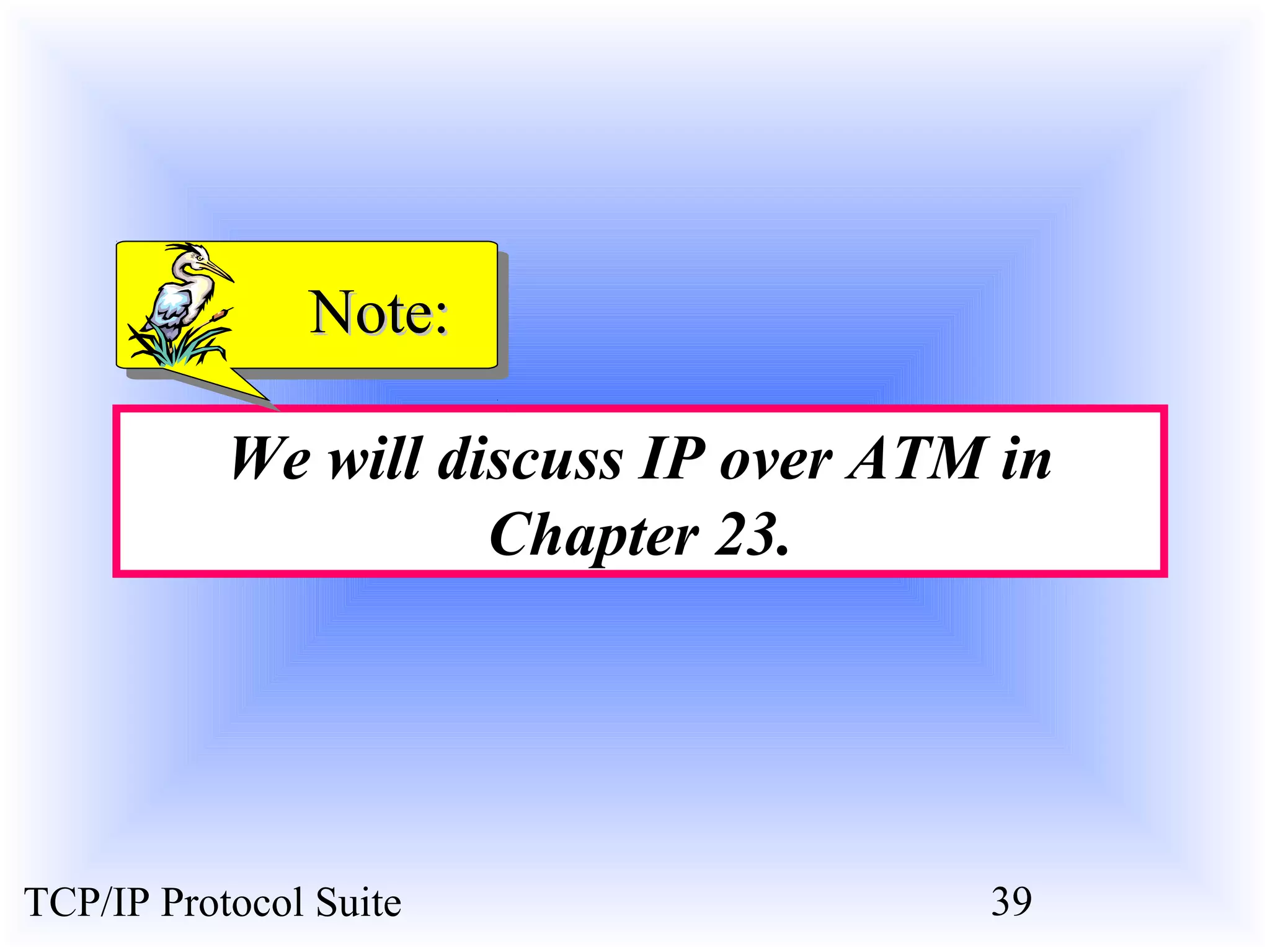 NNoottee:: 
We will discuss IP over ATM in 
Chapter 23. 
TCP/IP Protocol Suite 39 
 