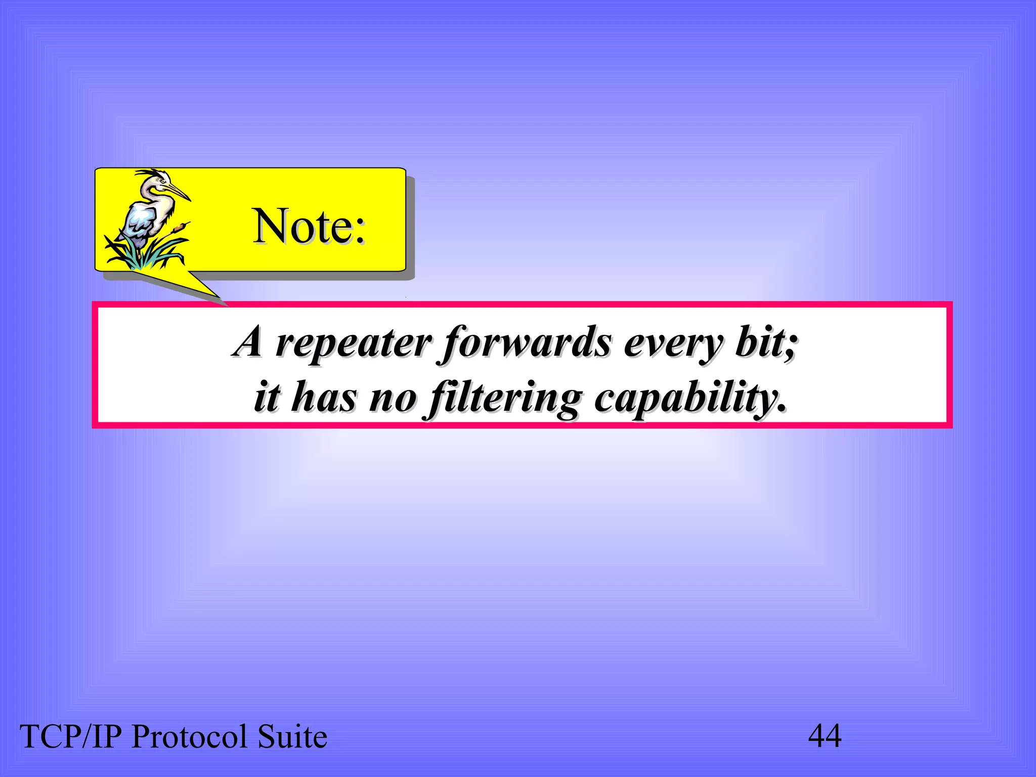 NNoottee:: 
A repeater ffoorrwwaarrddss eevveerryy bbiitt;; 
iitt hhaass nnoo ffiilltteerriinngg ccaappaabbiilliittyy.. 
TCP/IP Protocol Suite 44 
 