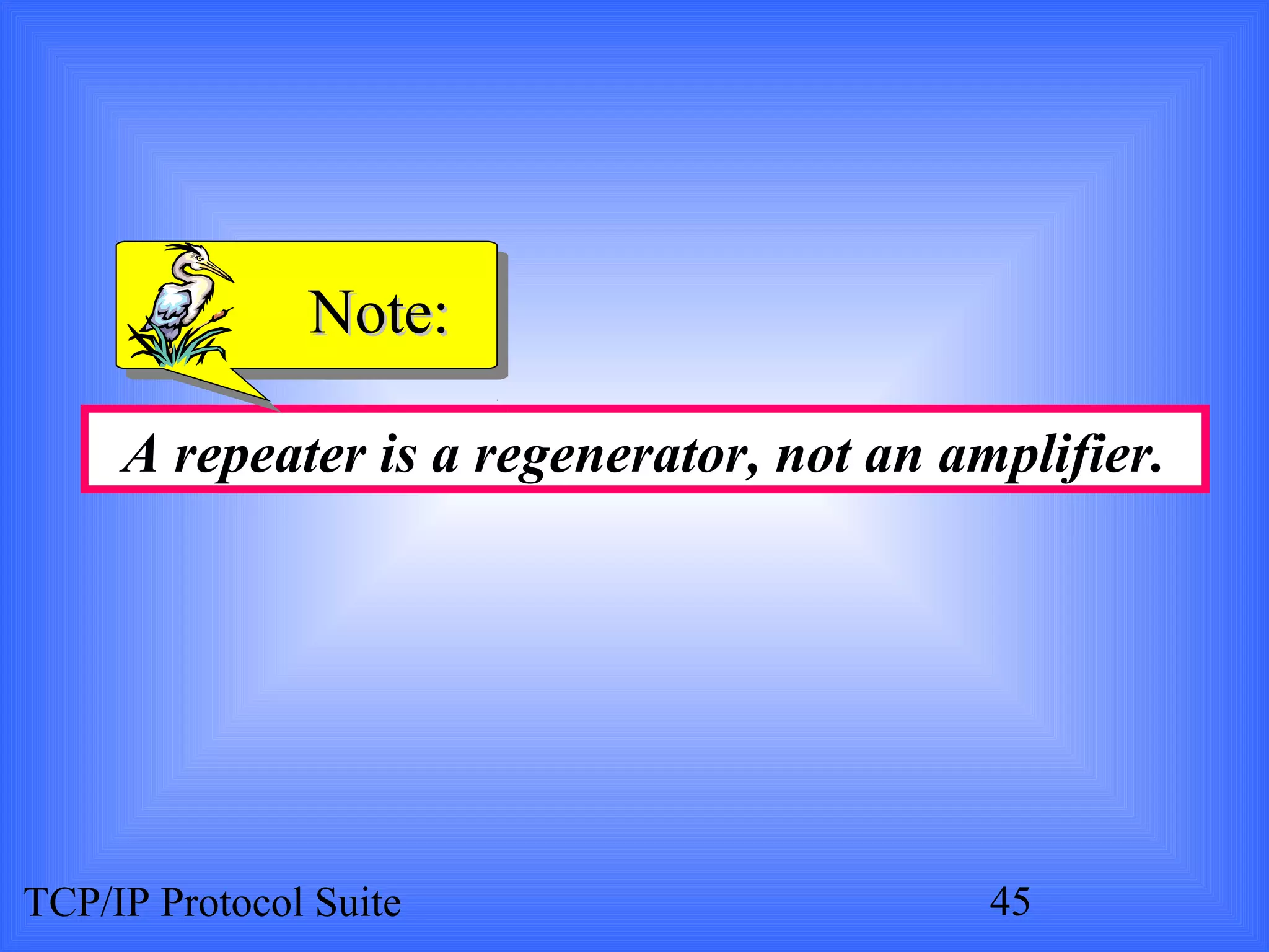 NNoottee:: 
A repeater is a regenerator, not an amplifier. 
TCP/IP Protocol Suite 45 
 