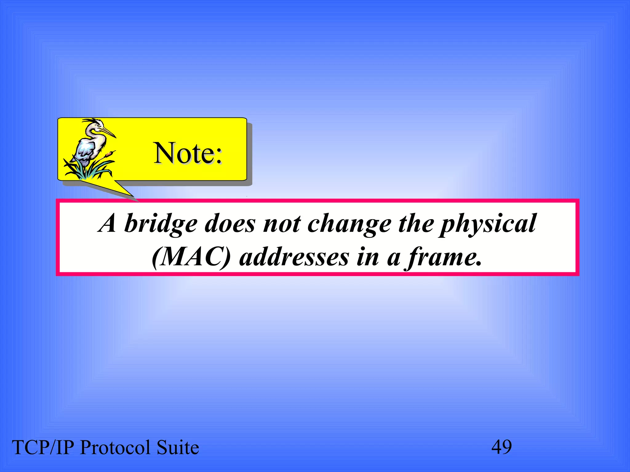NNoottee:: 
A bridge does not change the physical 
(MAC) addresses in a frame. 
TCP/IP Protocol Suite 49 
 