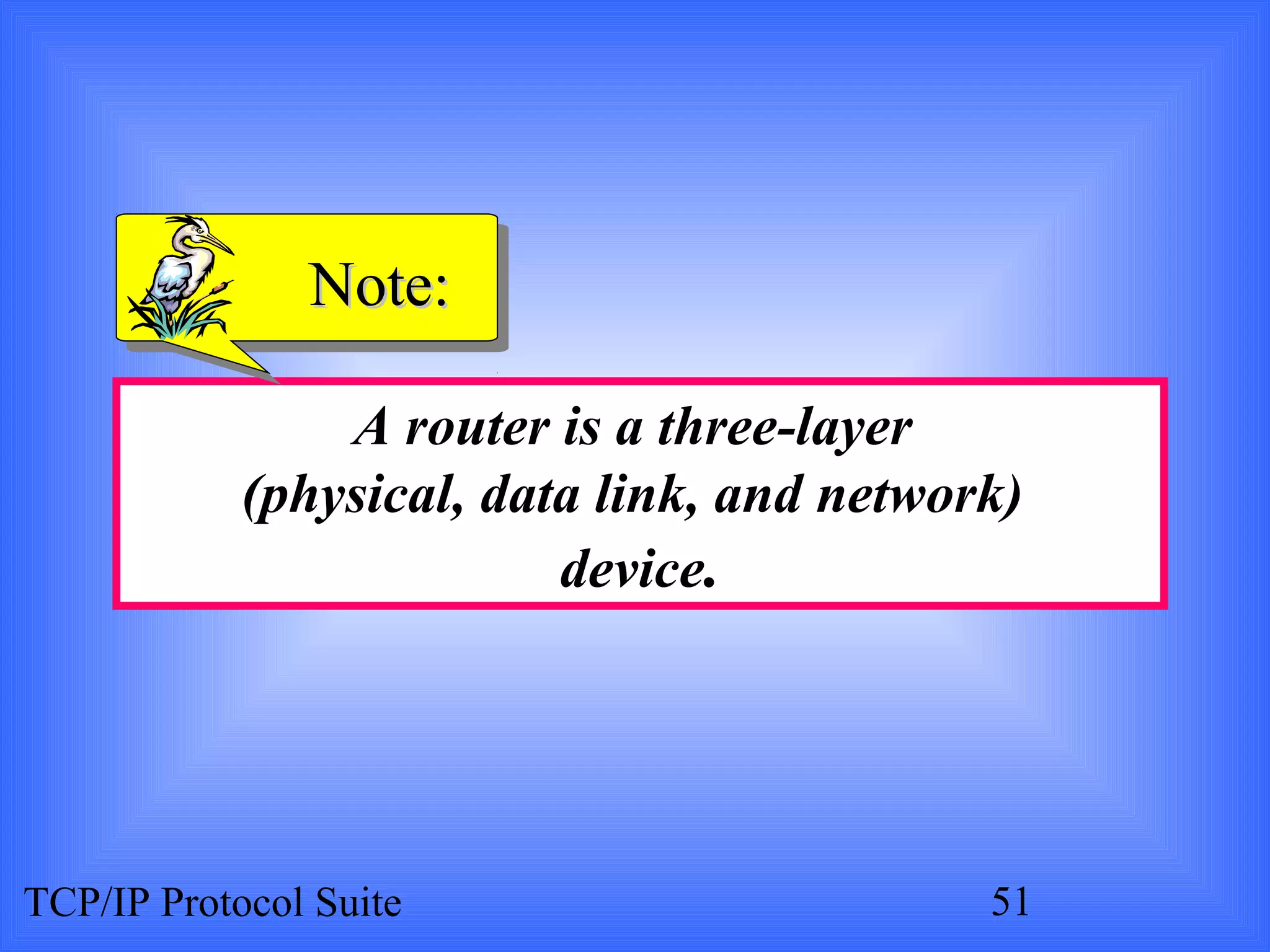 NNoottee:: 
A router is a three-layer 
(physical, data link, and network) 
device. 
TCP/IP Protocol Suite 51 
 