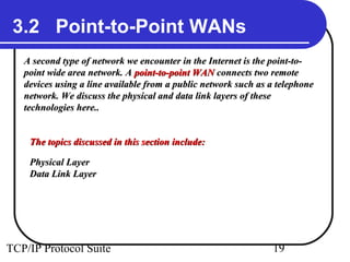 3.2 Point-to-Point WANs 
A second type of network we encounter in the Internet iiss tthhee ppooiinntt--ttoo-- 
ppooiinntt wwiiddee aarreeaa nneettwwoorrkk.. AA ppooiinntt--ttoo--ppooiinntt WWAANN ccoonnnneeccttss ttwwoo rreemmoottee 
ddeevviicceess uussiinngg aa lliinnee aavvaaiillaabbllee ffrroomm aa ppuubblliicc nneettwwoorrkk ssuucchh aass aa tteelleepphhoonnee 
nneettwwoorrkk.. WWee ddiissccuussss tthhee pphhyyssiiccaall aanndd ddaattaa lliinnkk llaayyeerrss ooff tthheessee 
tteecchhnnoollooggiieess hheerree.... 
TThhee ttooppiiccss ddiissccuusssseedd iinn tthhiiss sseeccttiioonn iinncclluuddee:: 
PPhhyyssiiccaall LLaayyeerr 
DDaattaa LLiinnkk LLaayyeerr 
TCP/IP Protocol Suite 19 
 