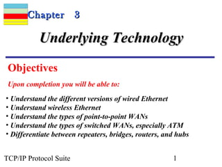 CChhaapptteerr 33 
UUnnddeerrllyyiinngg TTeecchhnnoollooggyy 
Objectives 
Upon completion you will be able to: 
• Understand the different versions of wired Ethernet 
• Understand wireless Ethernet 
• Understand the types of point-to-point WANs 
• Understand the types of switched WANs, especially ATM 
• Differentiate between repeaters, bridges, routers, and hubs 
TCP/IP Protocol Suite 1 
 