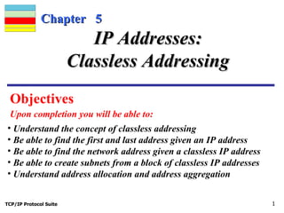 Chapter  5 Objectives  Upon completion you will be able to: IP Addresses: Classless Addressing ,[object Object],[object Object],[object Object],[object Object],[object Object]