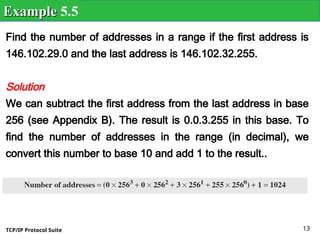 TCP/IP Protocol Suite 13
Find the number of addresses in a range if the first address is
146.102.29.0 and the last address is 146.102.32.255.
Solution
We can subtract the first address from the last address in base
256 (see Appendix B). The result is 0.0.3.255 in this base. To
find the number of addresses in the range (in decimal), we
convert this number to base 10 and add 1 to the result..
Example
Example 5.5
 